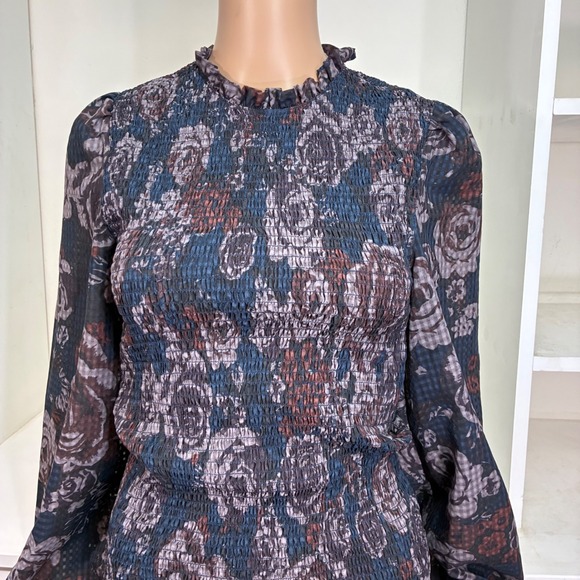 ZARA Womens Smocked Floral Mini Dress Blue Brown Ruffle High Neck Size M - Picture 6 of 7